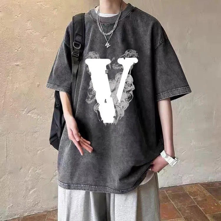 潮流复古宽松短袖t恤男夏季ins字母印花基础纯棉宽松hiphop学生款