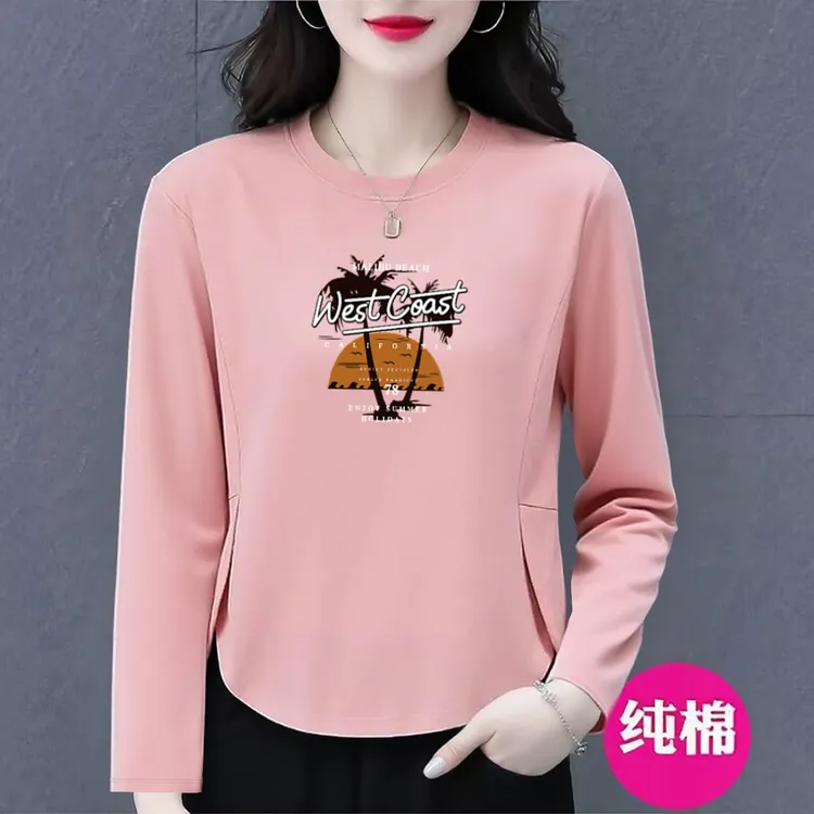 减龄洋气新款纯棉春秋长袖不规则下摆t恤女大码遮肚气质百搭上衣