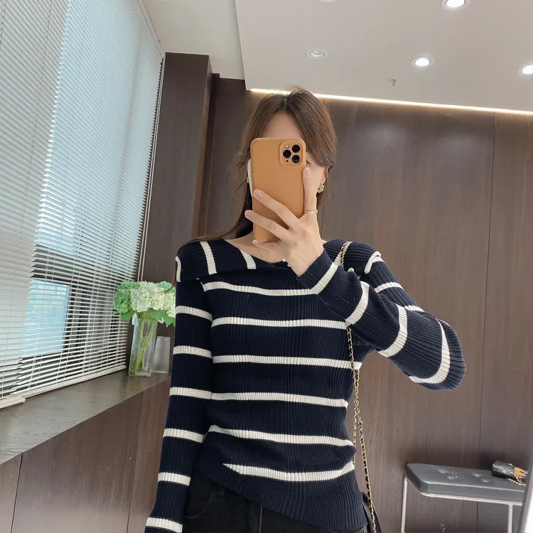 IMFLY金小金自制女装 针织衫DYW9770秋季翻领条纹斜下摆针织上衣