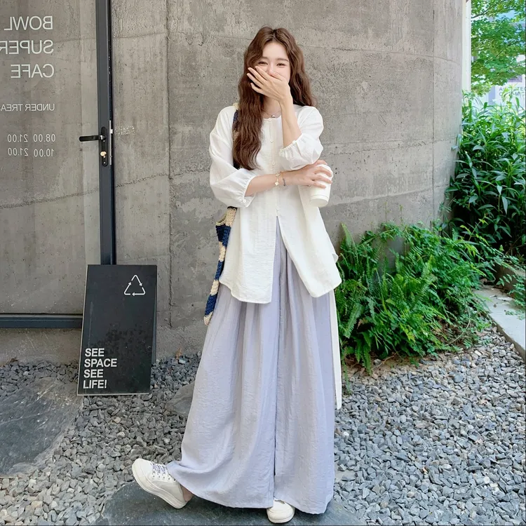 新中式国风禅意白色衬衫套装女2025夏季新款轻薄阔腿裤上衣一整套