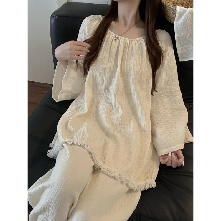 韩版高级纯色双层棉纱睡衣女秋季新款长袖长裤亲肤家居服套装外穿