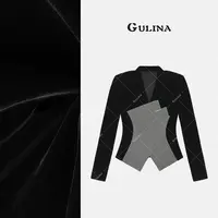 GULINA/娜姐夏欧洲站设计师丝绒百搭拼接撞色长袖T恤女68156