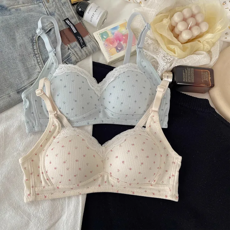 嘉花魅 甜美碎花内衣女秋季薄款舒适无钢圈收副乳小胸聚拢文胸罩