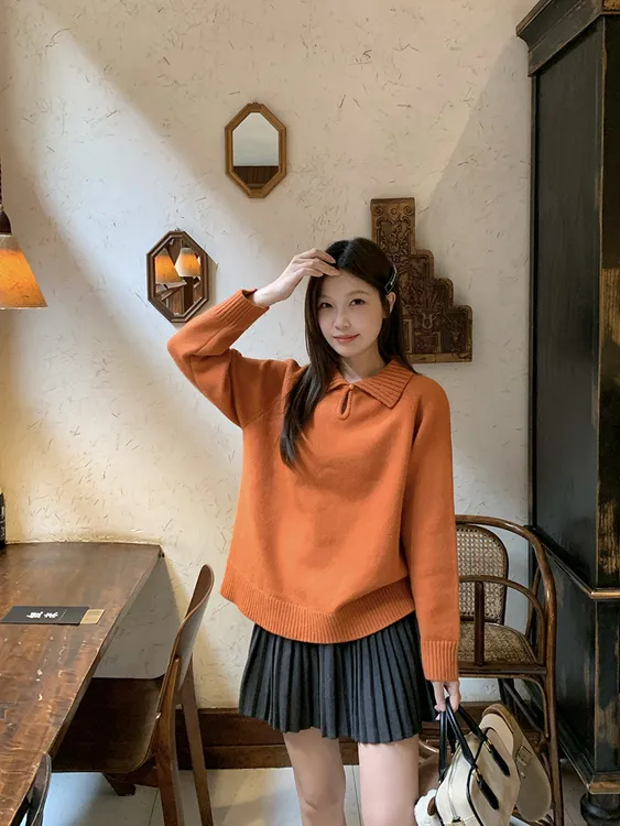 新款胖mm大码女休闲设计感翻领镂空宽松显瘦长袖毛织上衣72118