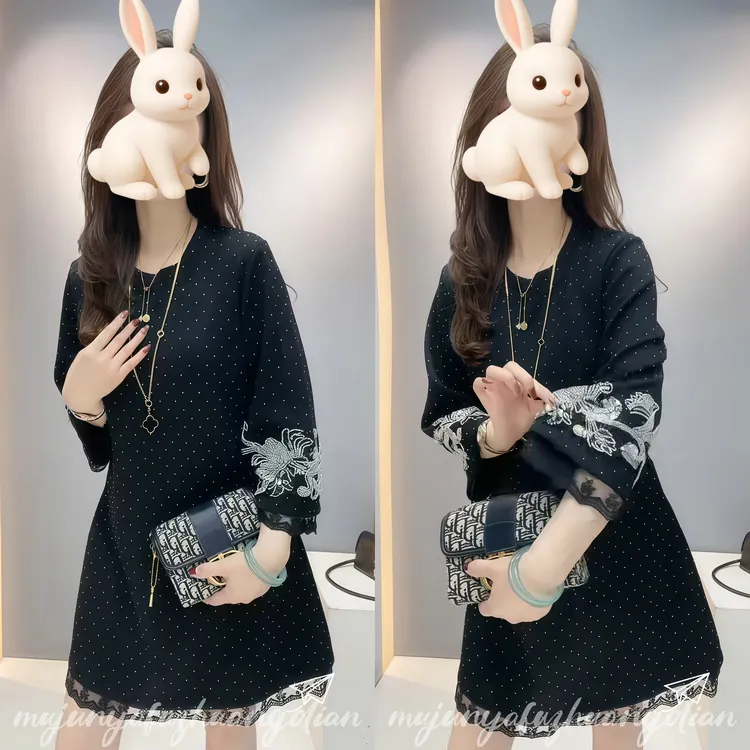 时尚气质大码宽松遮肉黑色满天星重工钉珠中长款蕾丝袖圆领连衣裙