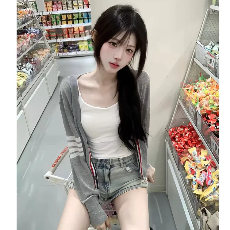 莱赛尔天丝空调衫长袖tb防晒衫开衫女针织衫V领薄款灰色上衣夏款