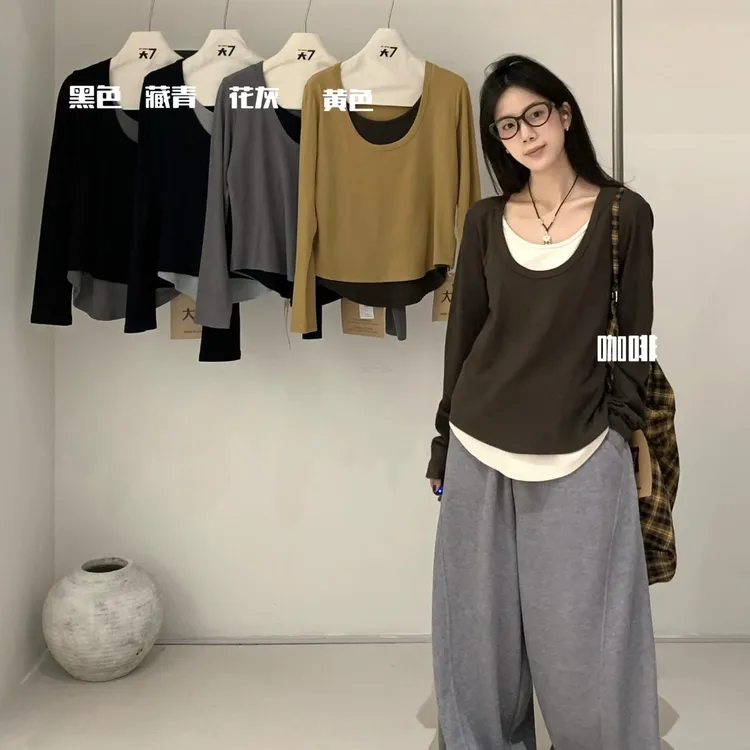 大7韩版宽松加绒磨毛圆领女T恤针织时尚女装假两件显瘦不规则休闲