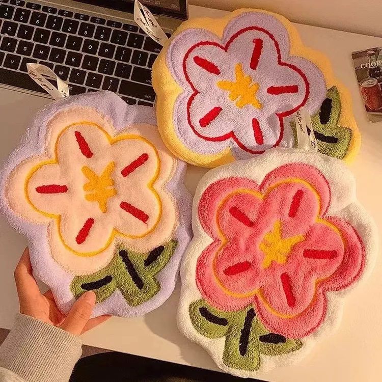【四支装】可爱花朵擦手巾挂式加厚刺绣吸水速干浴室厨房手帕毛巾