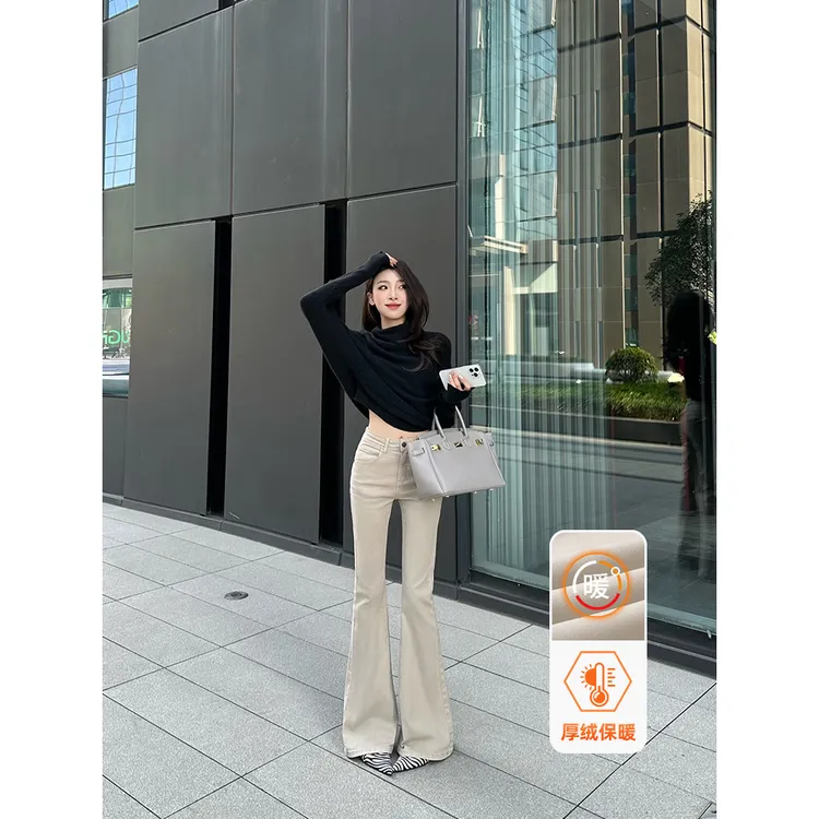 小王家/MeiLi冬季新款奶茶色保暖加绒加厚显瘦复古女款牛仔裤气质