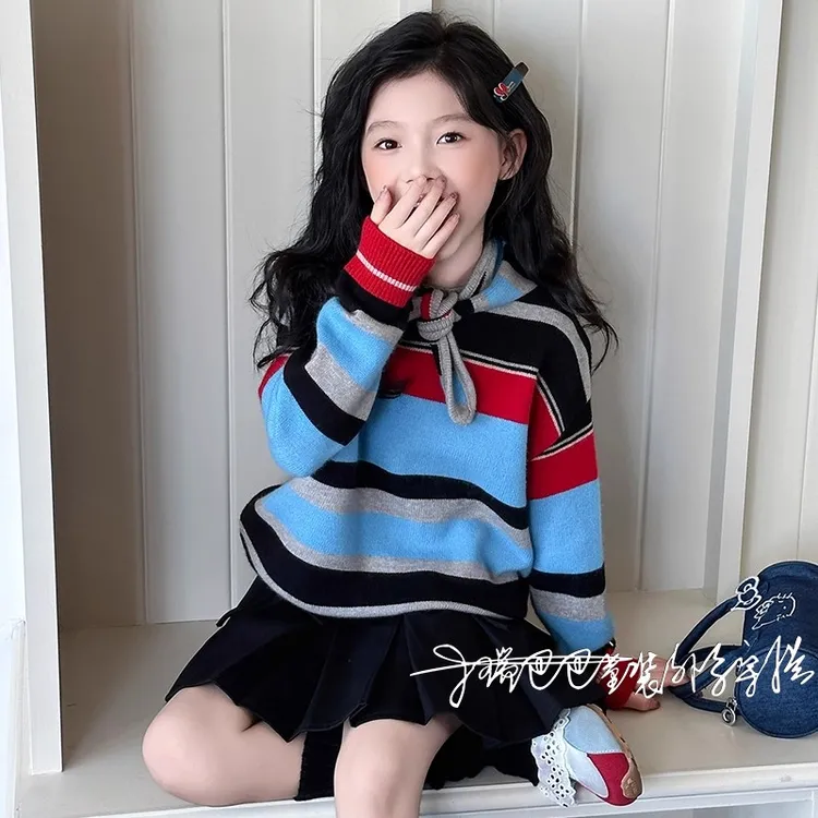 韩版条纹女童毛衣2025新款女孩秋季学院风针织衫儿童洋气连帽上衣