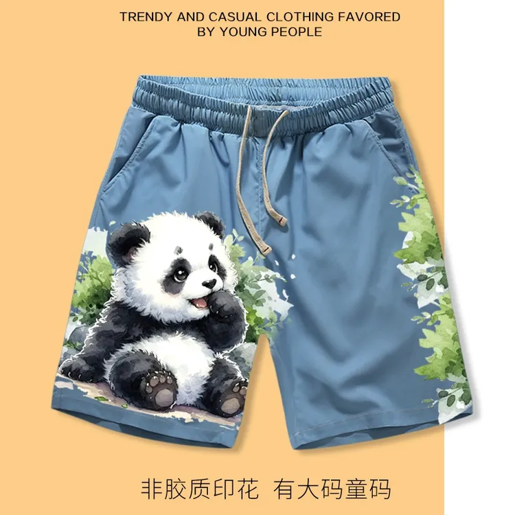 卡通熊猫短裤男款夏季薄款ins潮流冰丝大码五分裤海边度假沙滩裤