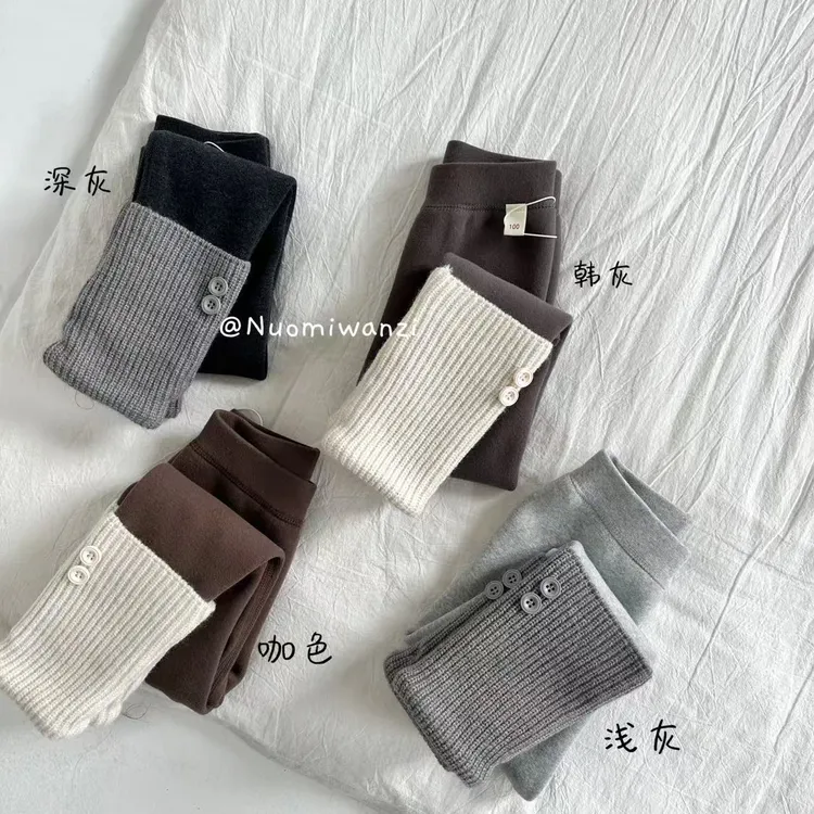 丸子十【YS】儿童韩版百搭加绒拼接两粒扣打底裤（冬款）WZJ-54021