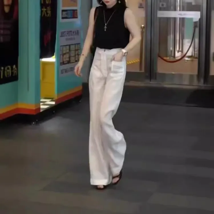 24320大爱美依缘2025夏季新款无袖静版背心高腰直筒长裤洋气女装