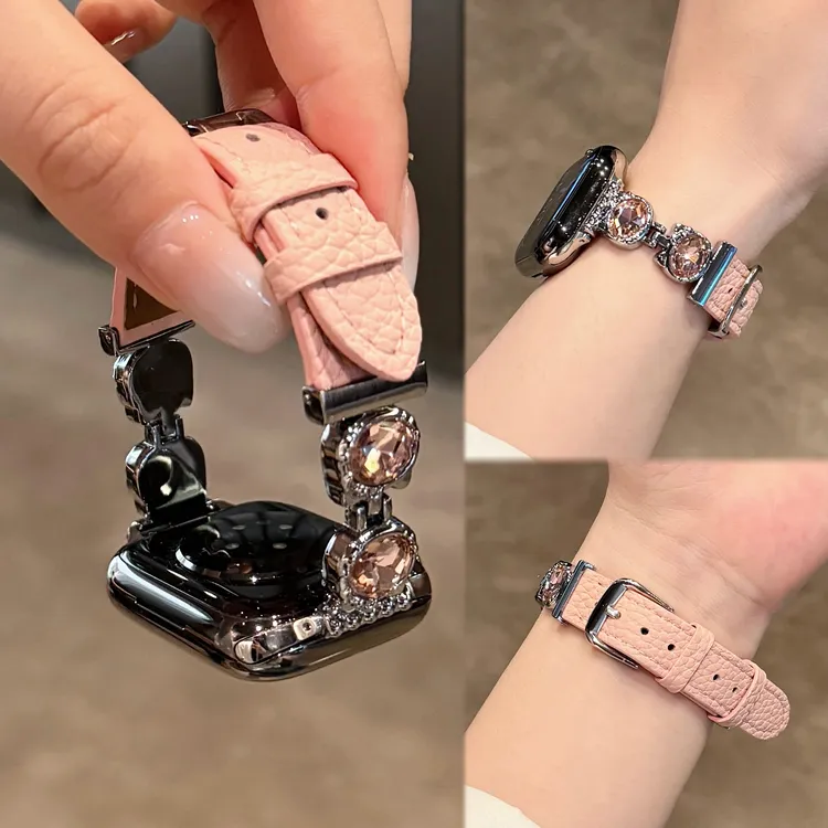 气质感KT镶钻荔枝纹皮质表带适用苹果s10iwatchs98se华为FIT4Fit3
