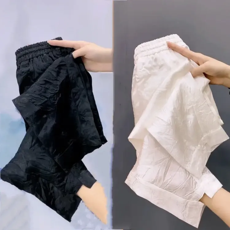 夏季薄款醋酸压褶皱冰丝抖抖裤女宽松凉凉裤九分束脚哈伦裤萝卜裤