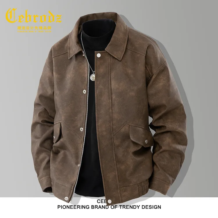 法国Cebrodz男秋冬季宽松防风休闲PU皮夹克男装外套复古翻领皮衣