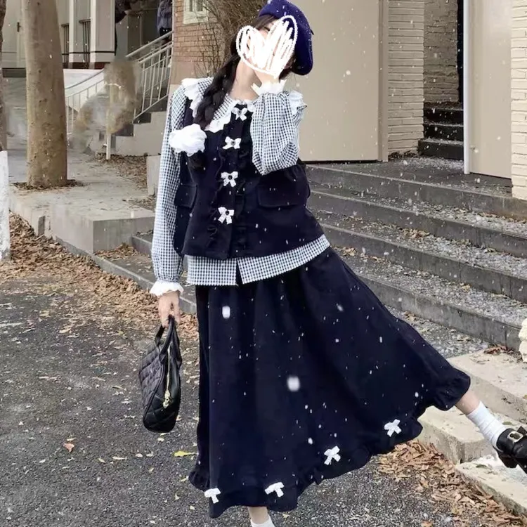 大码韩系甜美娃娃领格子衬衫木耳边蝴蝶结马甲半身裙套装