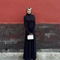 Hey Here |罩衫两件套时尚V领高腰A摆显瘦弹力修身超长裙