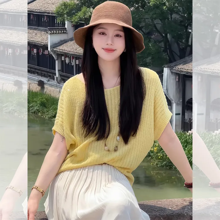 超好看黄色亮片一字领镂空短袖针织衫女2025夏季透气独特漂亮上衣