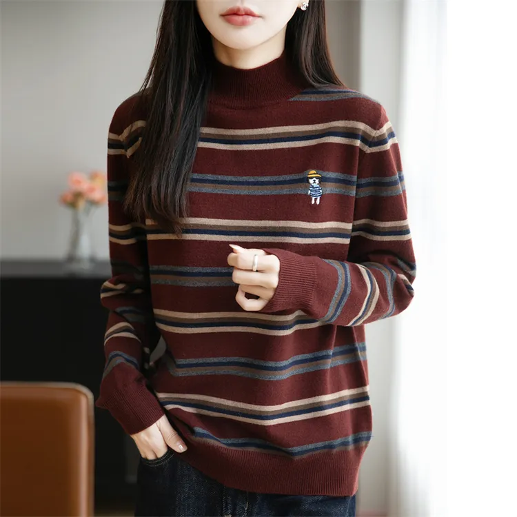 品牌撤柜正品新款条纹撞色半高领刺绣针织衫冬