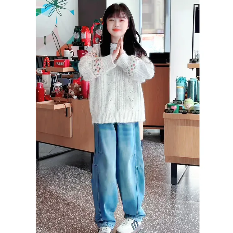 秋冬季复古设计感针织衫毛衣女加绒加厚牛仔裤厚款女宝中大童2025