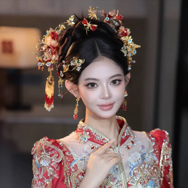 红色秀禾新娘头饰秀禾旗袍晨袍汉服新中式水晶流苏分体套装发饰