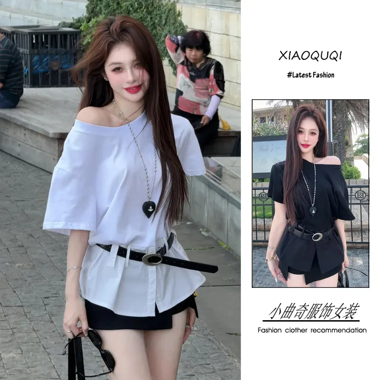 今年流行穿搭一整套2025新款韩版高级感斜肩腰带短袖裙裤两件套女