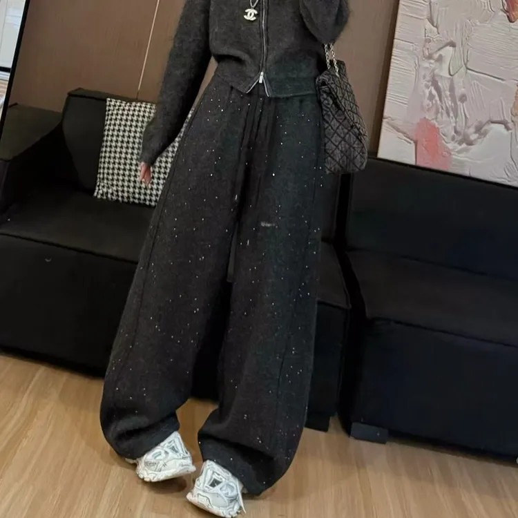 2662慵懒风加绒阔腿裤女冬季显瘦抽绳高腰加厚长裤细闪休闲直筒裤