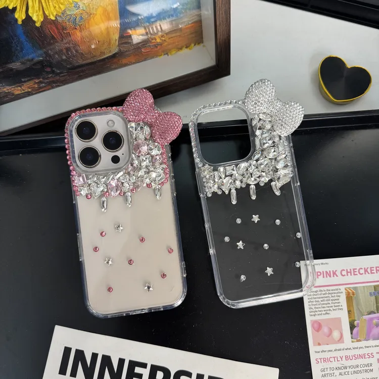 INS轻奢蝴蝶结水钻适用于iPhone15镜头堆钻16pro满钻蝴蝶结17壳