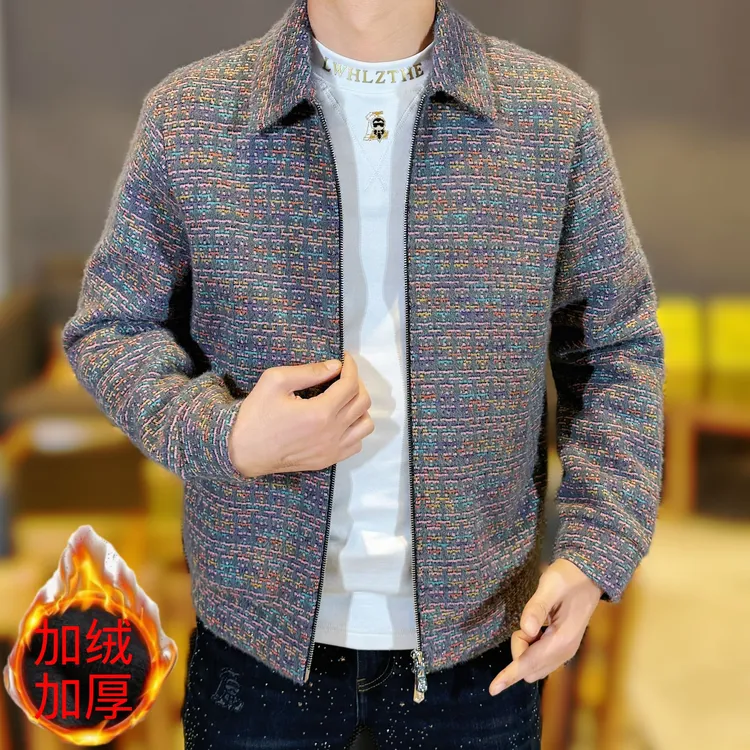 2025秋冬新款男士时尚百搭加绒加厚双拉链开衫针织提花夹克外套