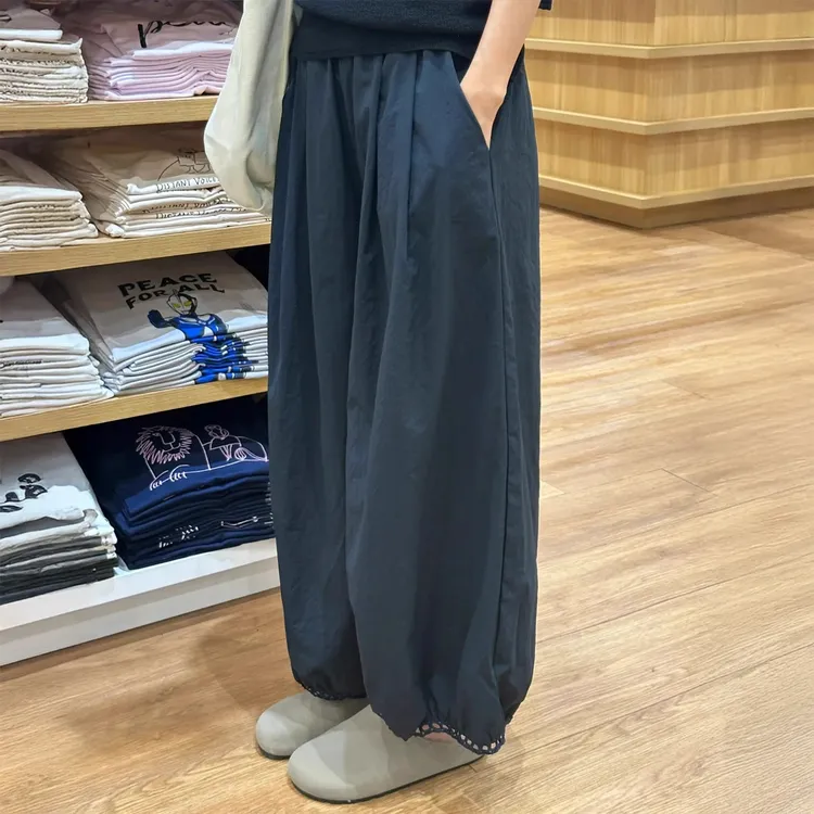 慵懒感藏青色休闲裤女秋新款胖妹妹mm高腰显瘦镂空花边九分灯笼裤