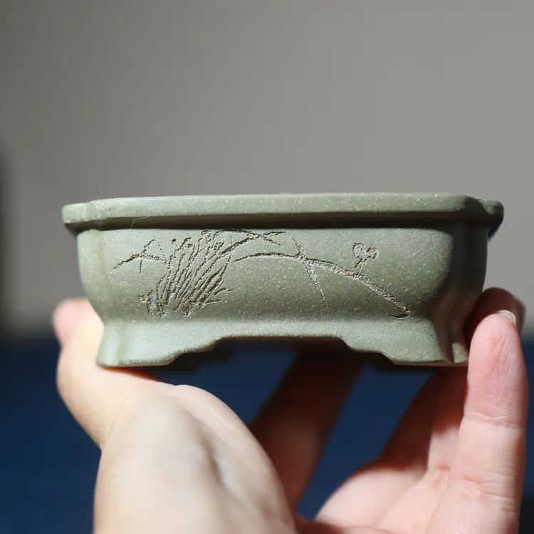 紫砂花盆盆景盆手工盆古典中国风刻绘小盆微型抽角小方盆张可磊