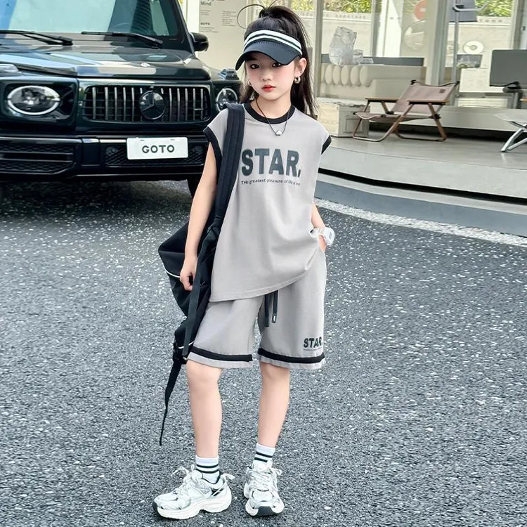 女童背心套装夏季款儿童夏装运动女孩中大童吸汗速干两件套潮冰丝