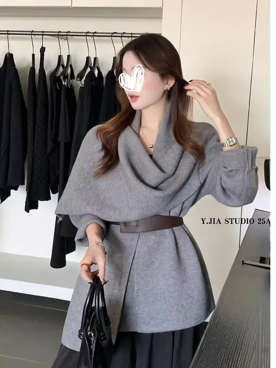 【配腰带】韩系气质松弛氛围感围巾领外套加厚不规则设计感针织开衫