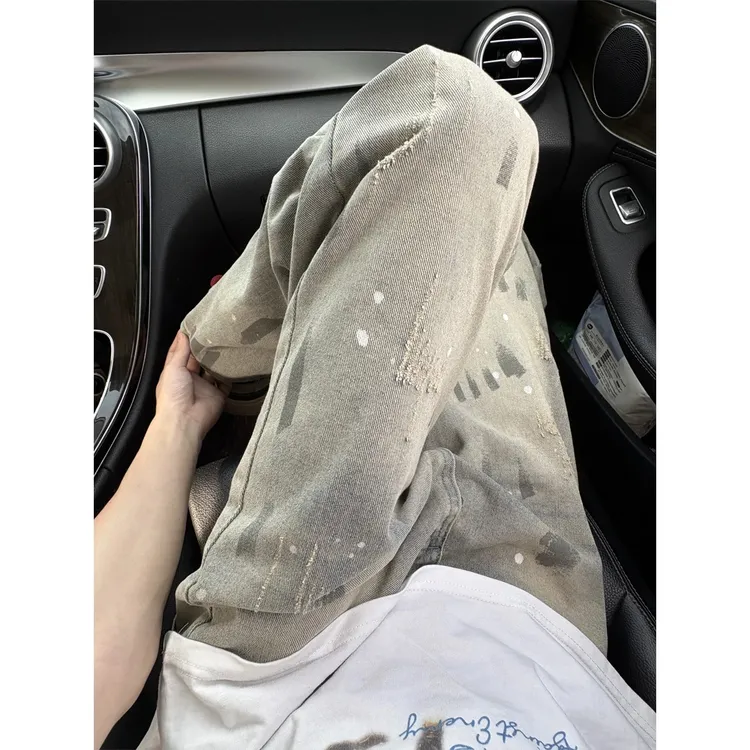 猫爪痕泼墨水洗牛仔裤男款秋季美式vintage扎染裤子显瘦直筒长裤