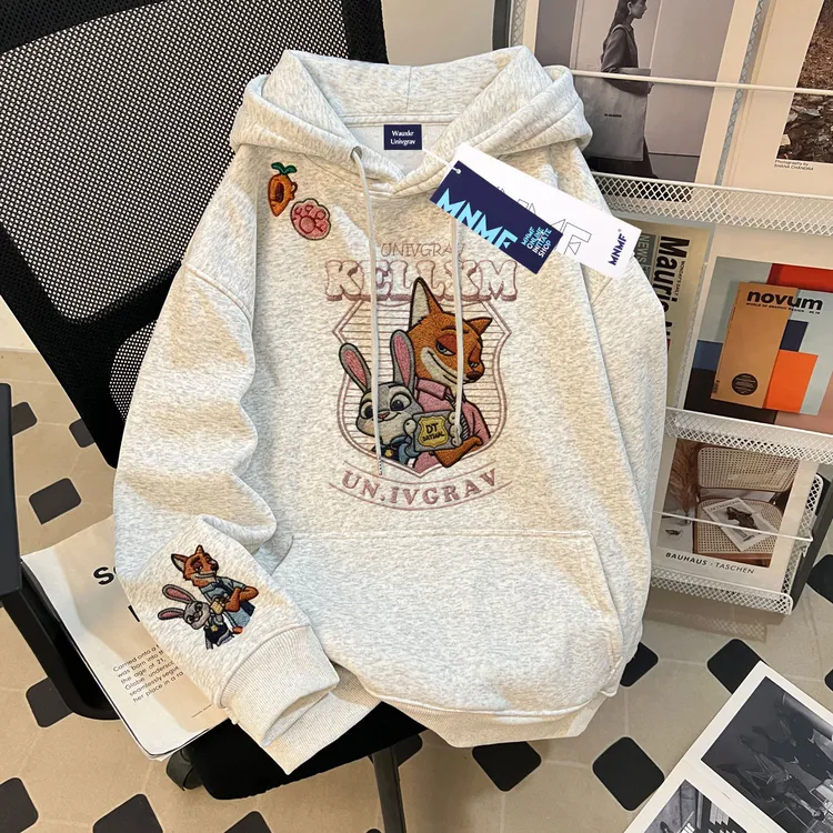 2025秋冬季新款男女童连帽卫衣卡通仿刺绣中大童百搭宽松加绒上衣