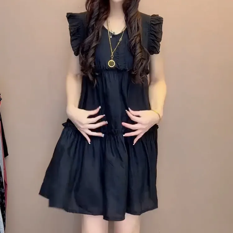 夏季显瘦气质百搭黑色A字中长款连衣裙外穿时尚洋气