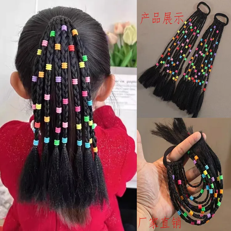 热卖女童手工串珠假发辫子发绳甜酷彩珠脏辫小辫子发圈高马尾发饰