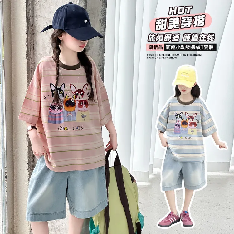 女童洋气套装夏季新款中大童短袖t恤牛仔中裤两件套初中生五分裤