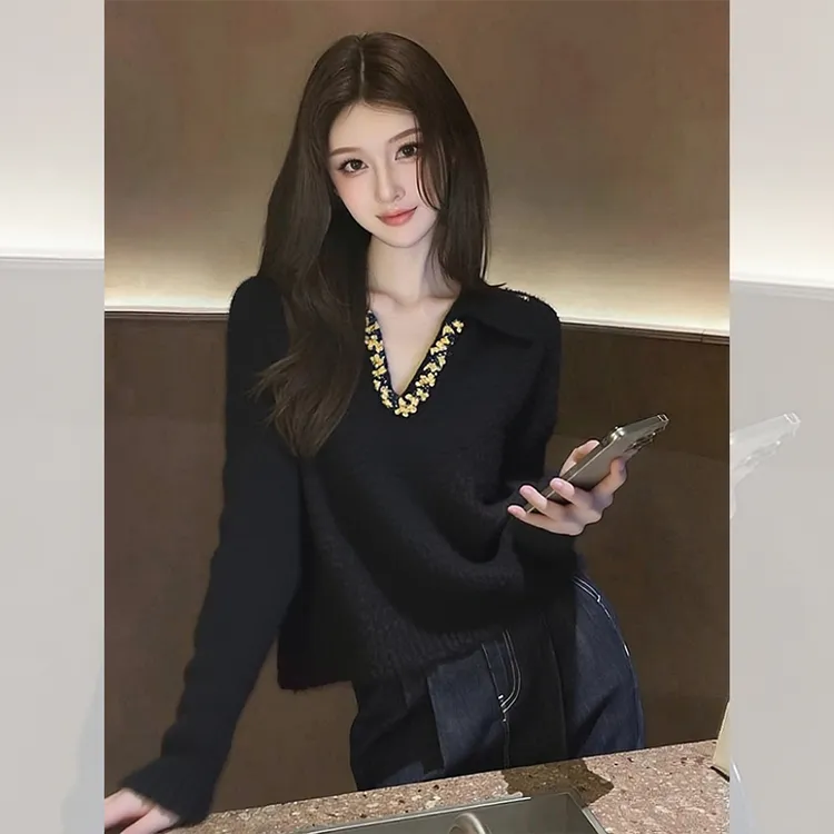 独特漂亮polo领小衫外出毛衣女装韩系秋冬内搭针织衫洋气高贵上衣