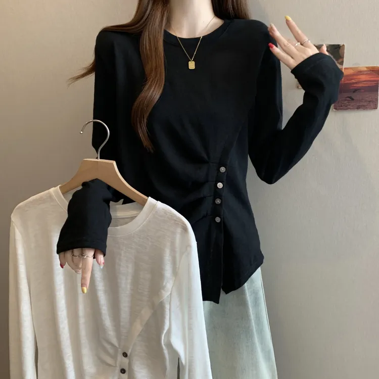大码女装胖MM2025秋季新款不规则开叉遮肚显瘦长袖T恤打底衫上衣