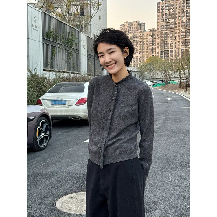 LANGQING 文艺感镂空花边羊绒羊毛混纺针织羊毛开衫47063#