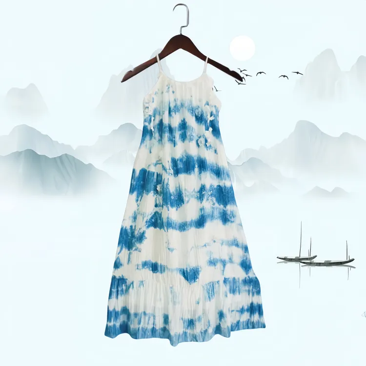 手工设计感大理特色扎染时尚显瘦长裙旅游拍照蓝染吊带连衣裙