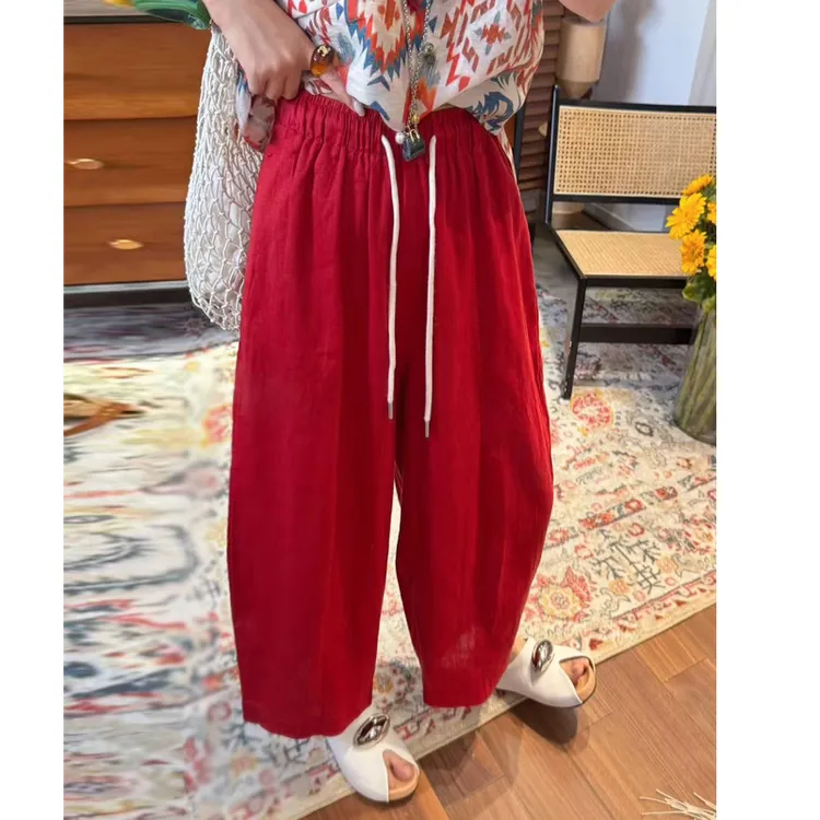 夏季复古红色麻裤子女款薄款宽松垂感休闲裤直筒显瘦九分奶奶裤