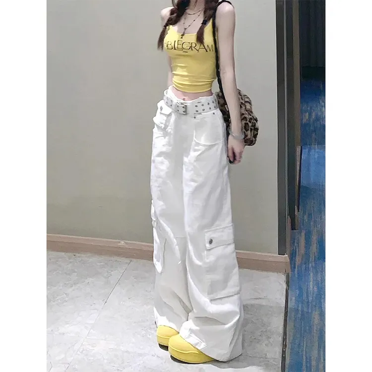 美式重工多口袋白色工装裤女秋新款辣妹宽松阔腿显瘦直筒牛仔裤子