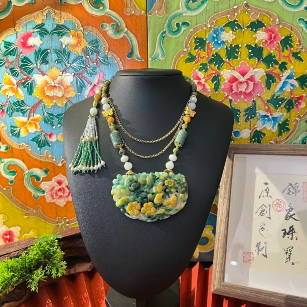 锦钰天然A货翡翠鸟语花香个性国风老料翡翠套链