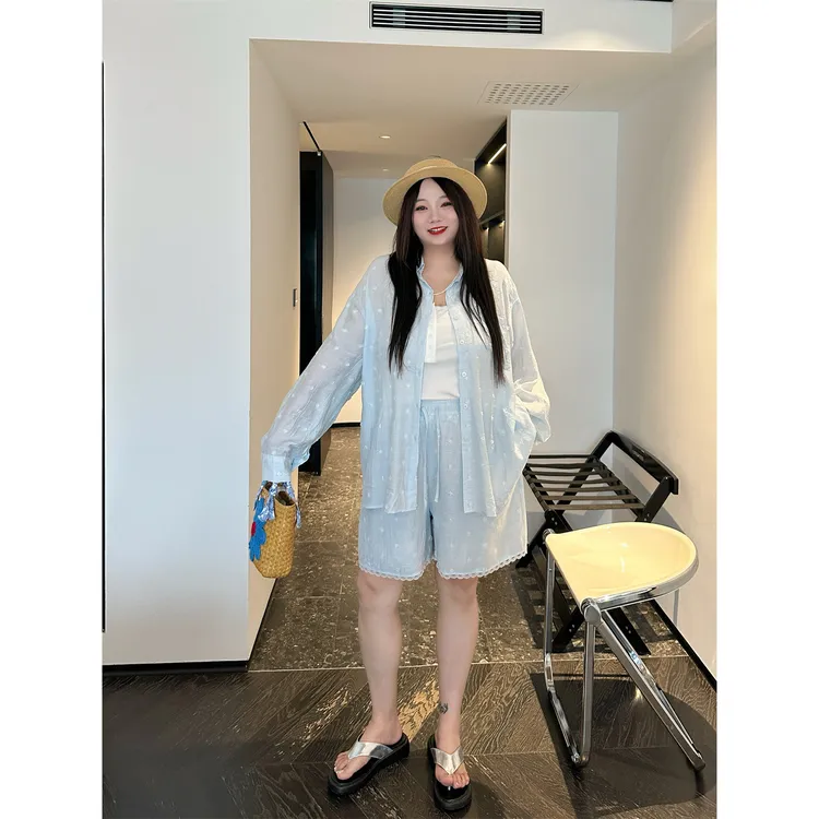 断码捡漏~赫拉小姐 / 韩版设计感防晒衬衫+阔腿短裤套装14759花契
