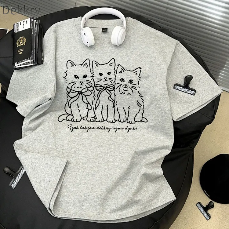 美式潮流猫猫印花短袖t恤男夏季潮牌简约宽松重磅纯棉上衣