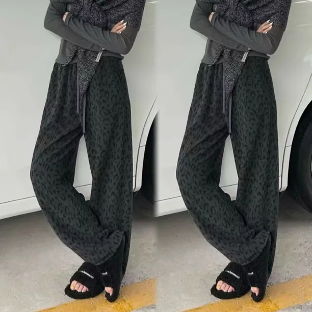 欧货豹纹加绒休闲裤女高腰显瘦加厚直筒长裤冬季百搭时尚阔腿裤潮