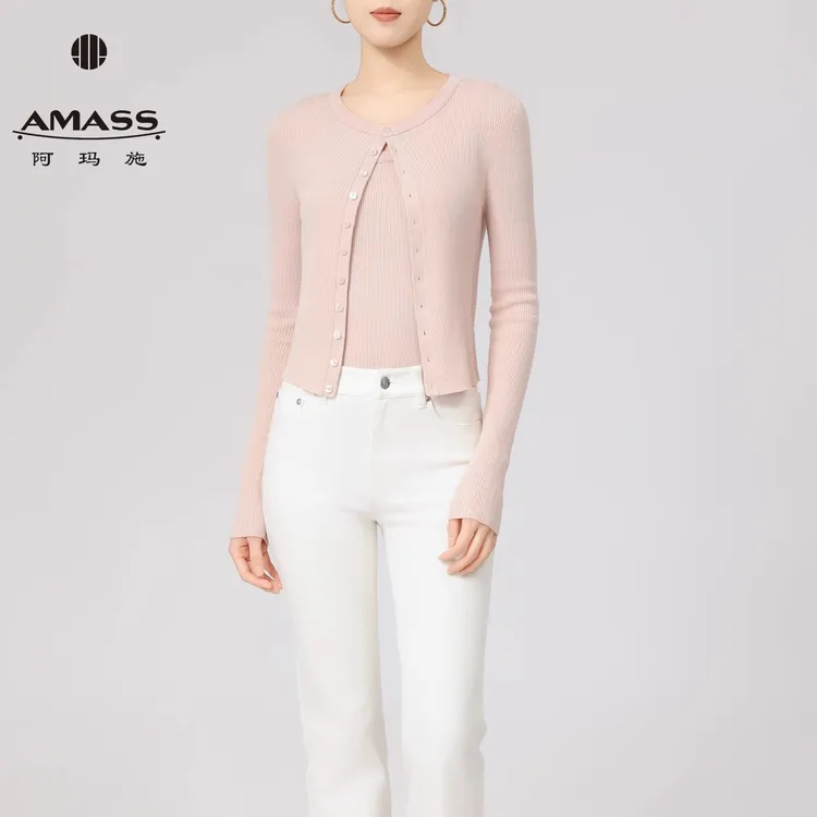 AMASS/阿玛施 简约大气质感毛衣开衫薄款绵羊毛针织衫女装548037